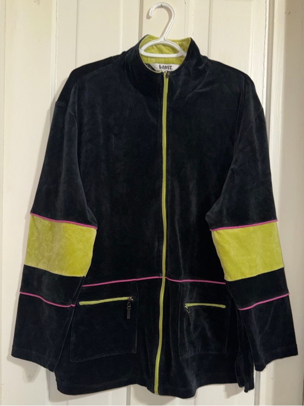 Women's plus size 2X Black Velvet Jacket with Lime Accents and Pink 70 80s coat